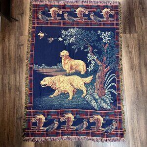 Golden Retriever Hunting Scene Tapestry Woven Throw Blanket Ducks Pheasant plaid